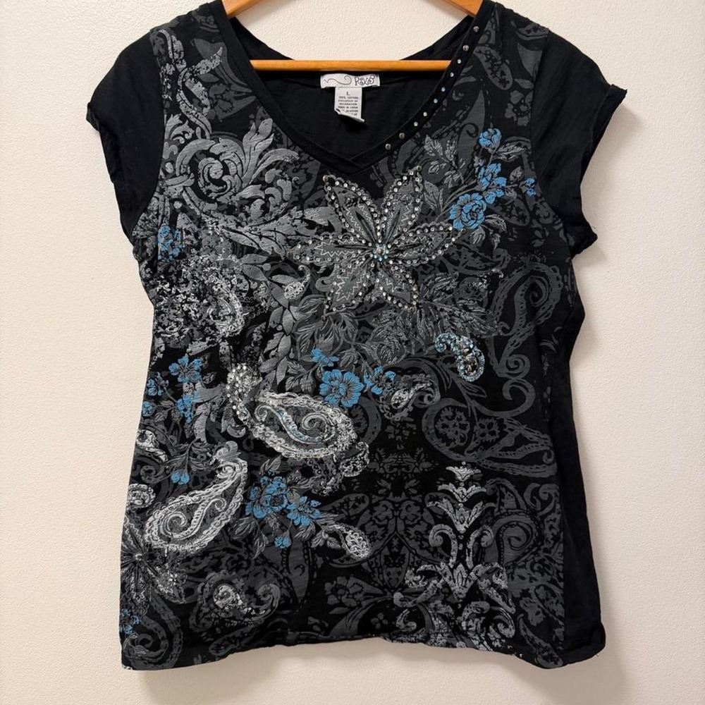 Y2K RXB Paisley Floral Rhinestone Black V Neck Shirt Women's Large 100% Cotton